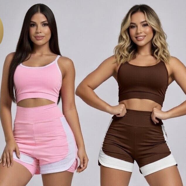 Conjunto Fitness Feminino Short Duplo+Top Academia Cintura Alta Moda Fitness Treino Academia Corrida