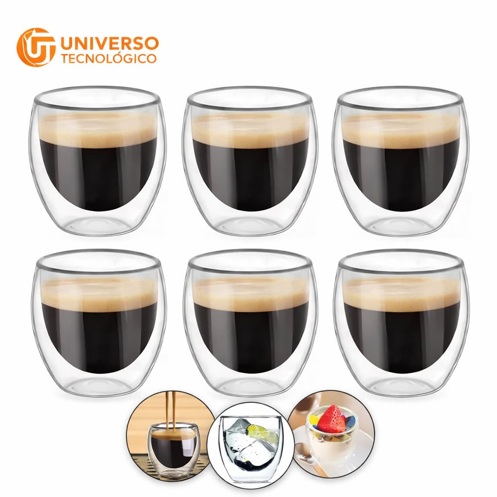 Kit 6 Copos Parede Dupla de Vidro 90 ml Copo de  Café Chá Suco Copo Duplo Isolante Térmico