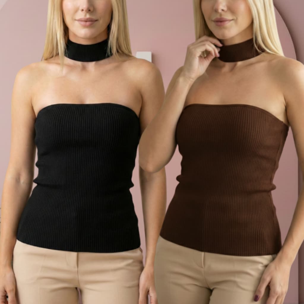 Kit 2 Blusa Feminina Tomara Que Caia Top Tube Gola Choker Original Ajuste Perfeito Canelado Bojo Premium