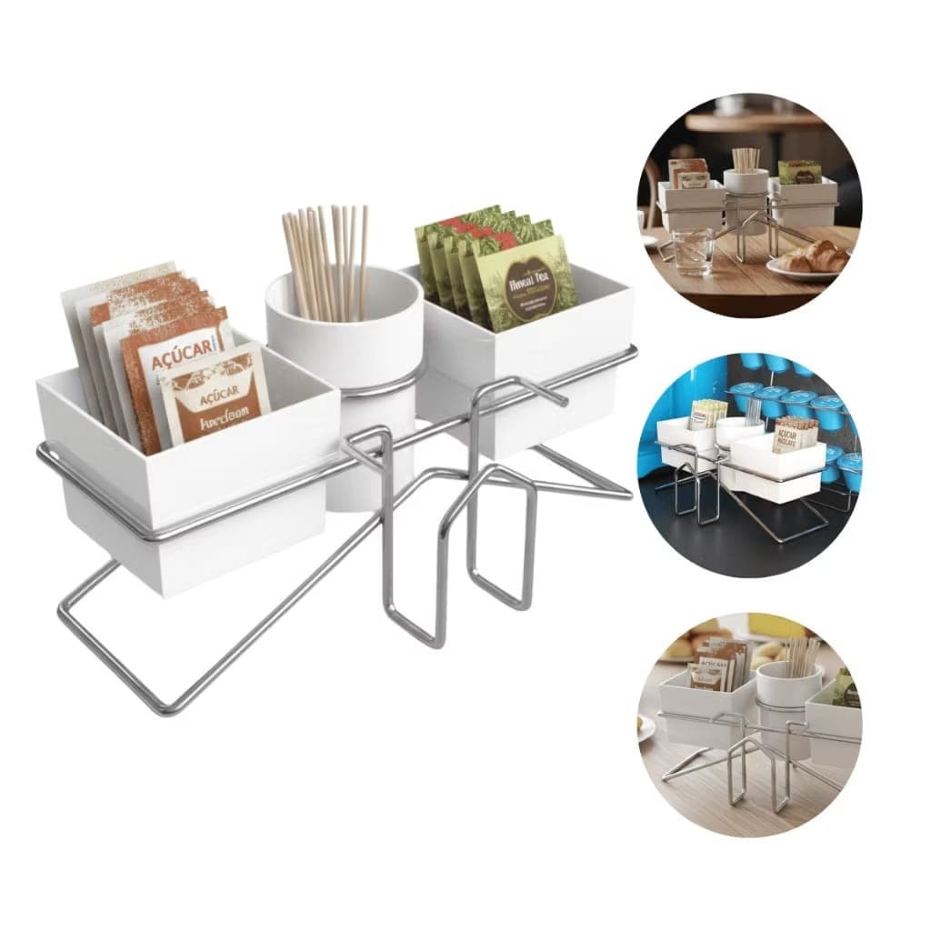 Porta Sachê Mesa de café  Cromado Preto/branco Ketchup Chá Açúcar Guardanapo Colherzinha