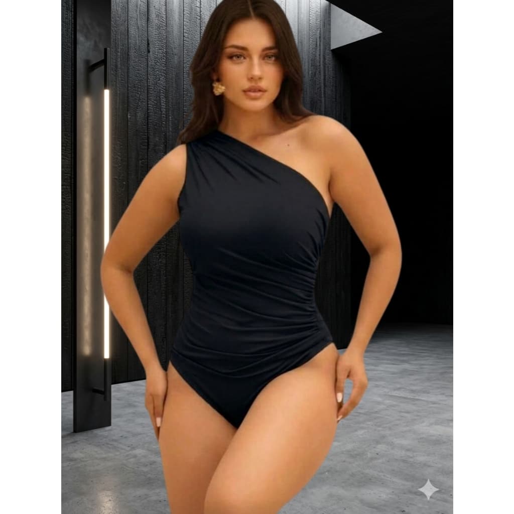 Body Drapeado Em Suplex Feminina CON FECHO Elegante Mula Manca Um Ombro Ajustado Tecido Premium con toque de poliamida