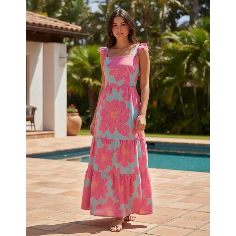 Vestido Longo Floral Feminino com Lastex Nas Costas – Elegância e Conforto 🌸