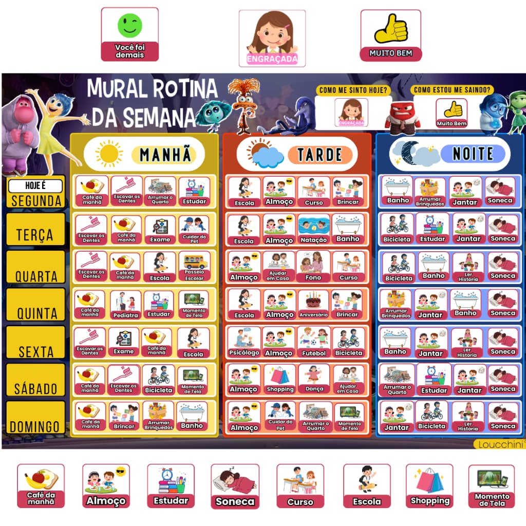 Quadro de Rotina Infantil Semanal Incentivo e Educação Tema Divertidamente (Menina)