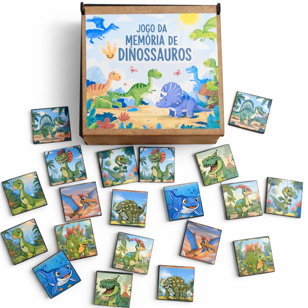 Jogo da Memória Dinossauros em MDF 3mm Laminado Alto Brilho 15x15cm