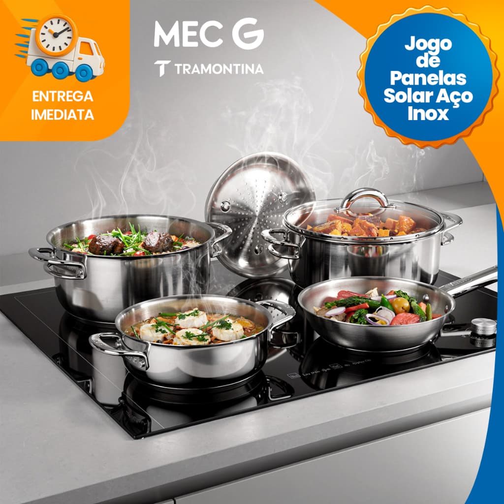 Jogo de Panela Tramontina Solar em Aço Inox com Fundo Triplo e Tampas de Inox 5 Peças Indução