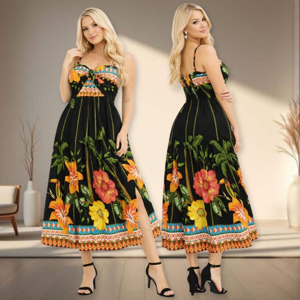 Vestido Midi Feminino Listrado com Fenda Alça Fina Cintura Ajustada Tendência Verão Elegante