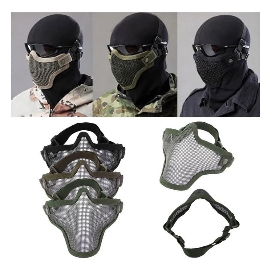 Máscara Tática Meia Face Tela De Aço Airsoft Paintball Proteção Facial Resistente Ajustável