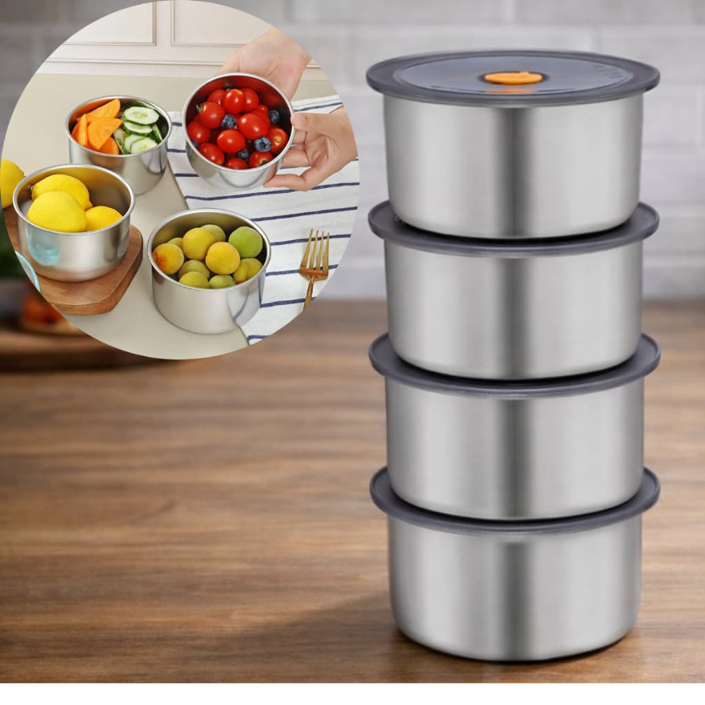 Conjunto 4 Potes Hermeticos Inox Redondo 450ml Resistente Veda Alimentos Organizador