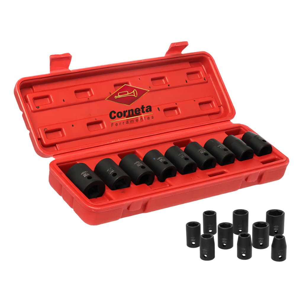 Kit Jogo de Soquetes Impacto Curto 1/2" 9 Peças (Para Chave Pneumática e Elétrica) - Corneta Original