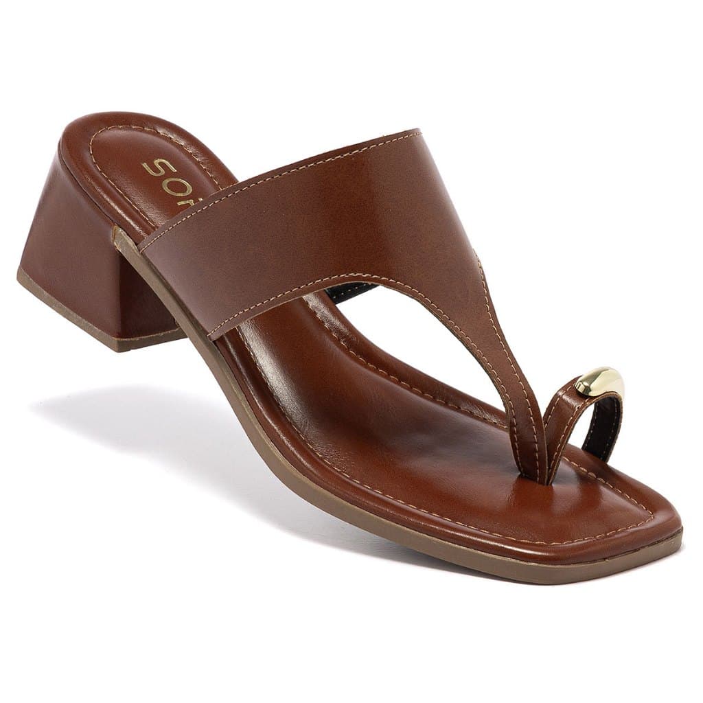 Tamanco Sandália Feminina Sofiolí Salto Médio Detalhe Dourado no Dedo Moda Confortável Elegante