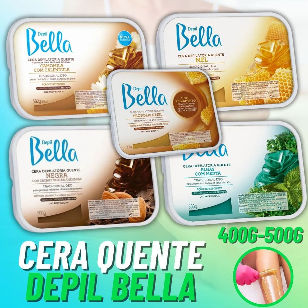 Cera Depilatória Depil Bella Cera Quente 500g Cera em Barra Propolis e Mel Negra Chocolate Branco Algas Com Menta