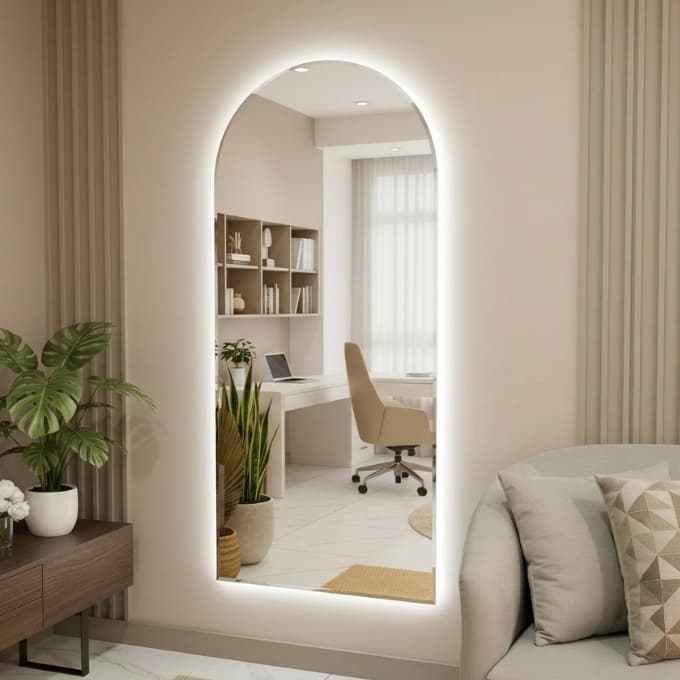 Espelho Arco Com LED 110x50cm Oval Base Reta Corpo Inteiro Luxo Premium Banheiro Quarto Camarim