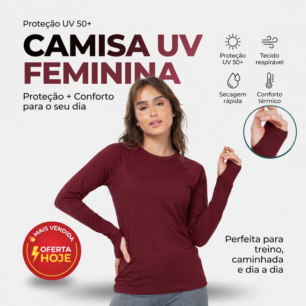 Camisa Proteção Solar UV Feminina Lisa Segunda Pele Proteção UV 50+ Blusa Lisa