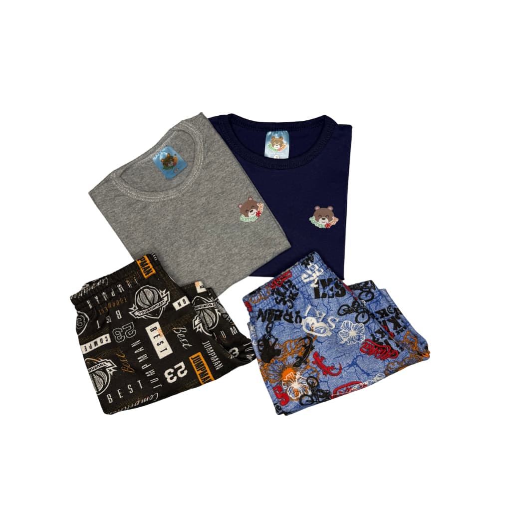 Kit 2 conjuntos menino Infantil casual verão 2 camisas lisa 2 Shorts estampado Tam 3 ao 8 anos
