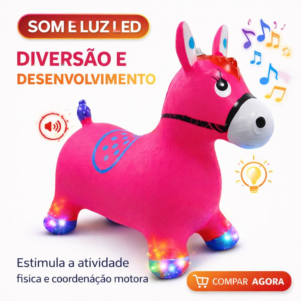 Cavalinho Upa Upa Inflável Infantil Grande Rosa Pula Pula com Som e Luz LED Brinquedo até 54kg