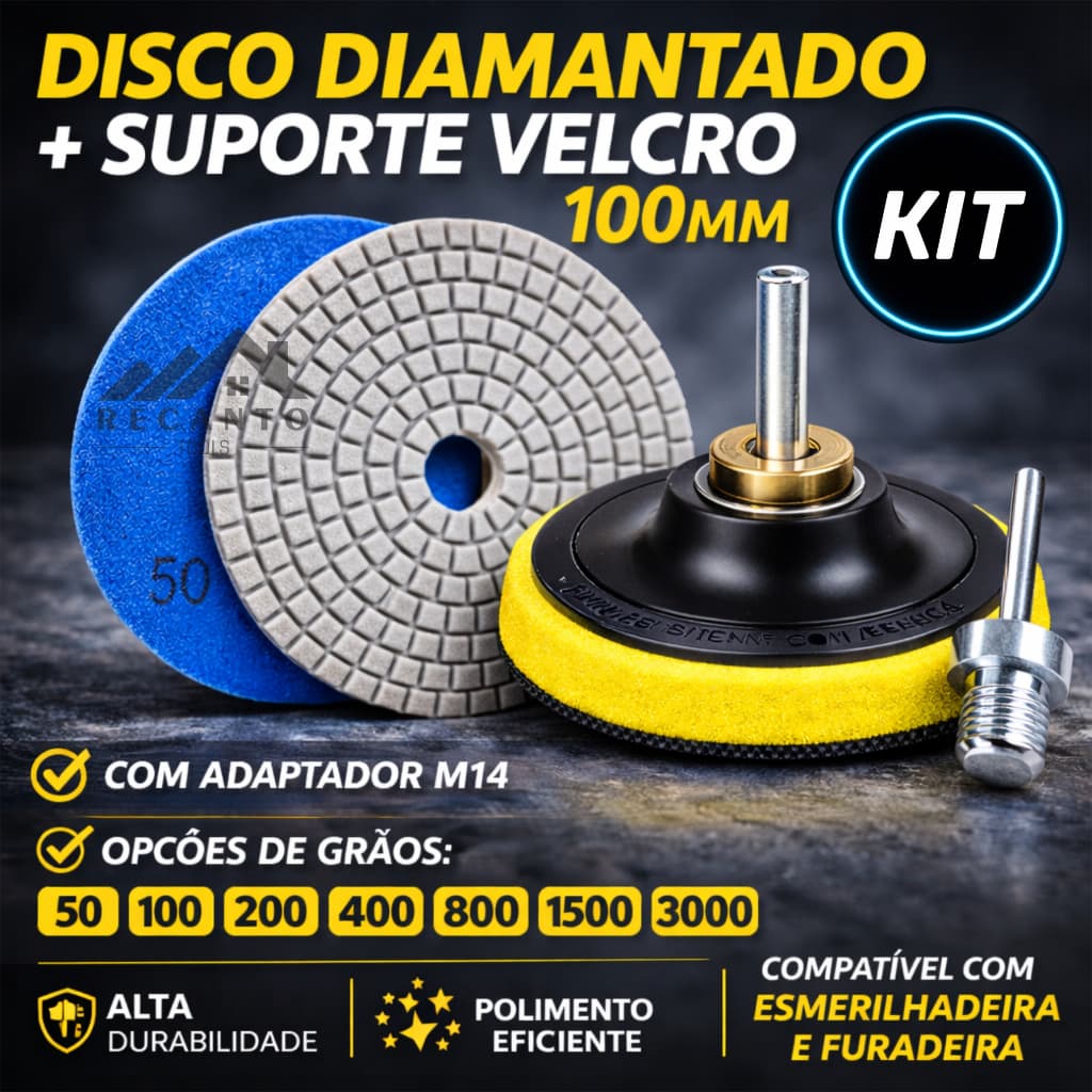 Kit Lixa Diamantada 100mm + Suporte Velcro M14 para Esmerilhadeira | Polimento de Porcelanato, Mármore e Granito — Alta