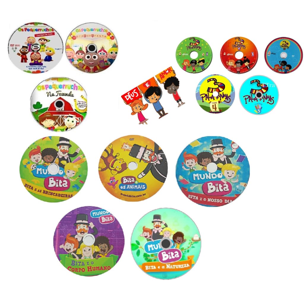 Kit Infantil - 3 Palavrinhas Mundo Bita Coleção  e Pequerruchos - Coleção com 12 Dvd´s