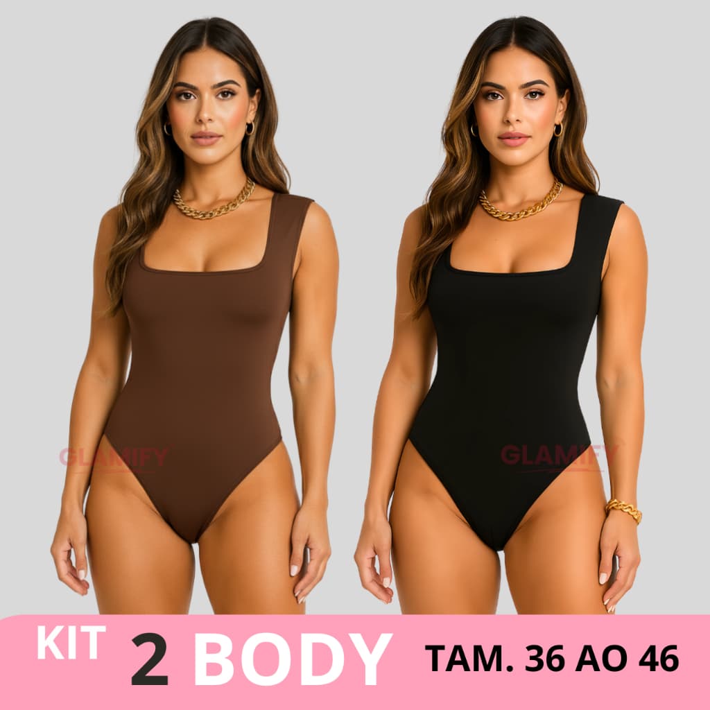Kit 2 Body Collant Feminino Decote Quadrado Elegante em Suplex Forrado Alça Grossa Bori Estiloso Basico Casual