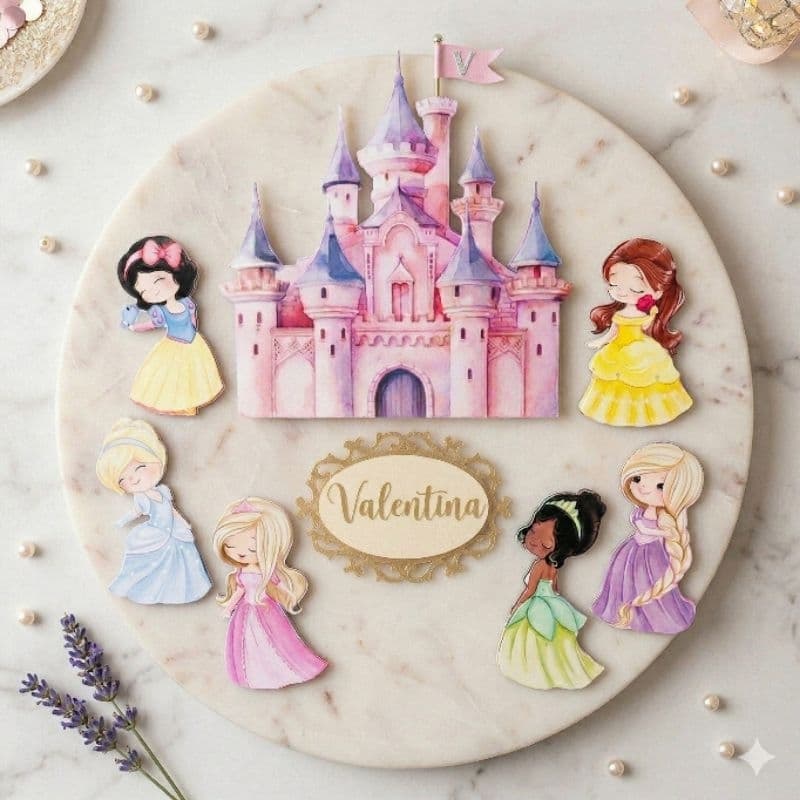 Enfeite Topo de Bolo Princesas baby Cute Personalizado com Nome Castelo Rosa Infantil Papel Fotográfico Pronta Entrega