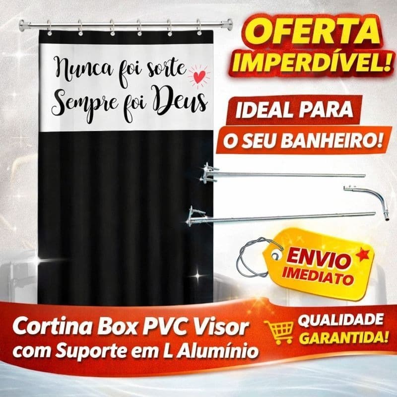 Cortina Box PVC Visor Frase Nunca Foi Sorte Impermeável 138x198cm + Gancho e Suporte em L Alumínio