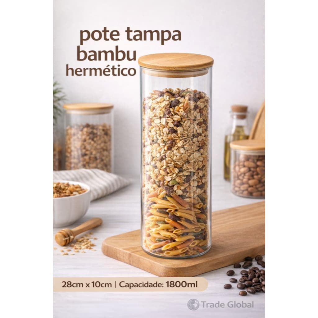 POTE DE VIDRO COM TAMPA HERMÉTICA DE BAMBU - BIGOOHOME- GRD 1800ML- IDEAL PARA ARMAZENAR ALIMENTOS.