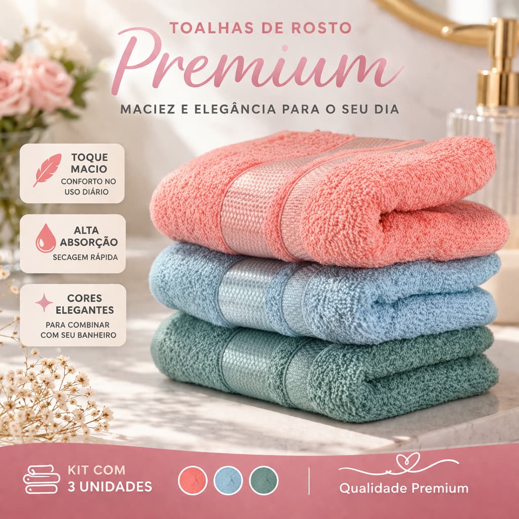 Kit com 3 Toalhas de Rosto 40cmx70cm Puro Algodão, Mais Maciez, Suavidade ao Toque e Maior Absorção