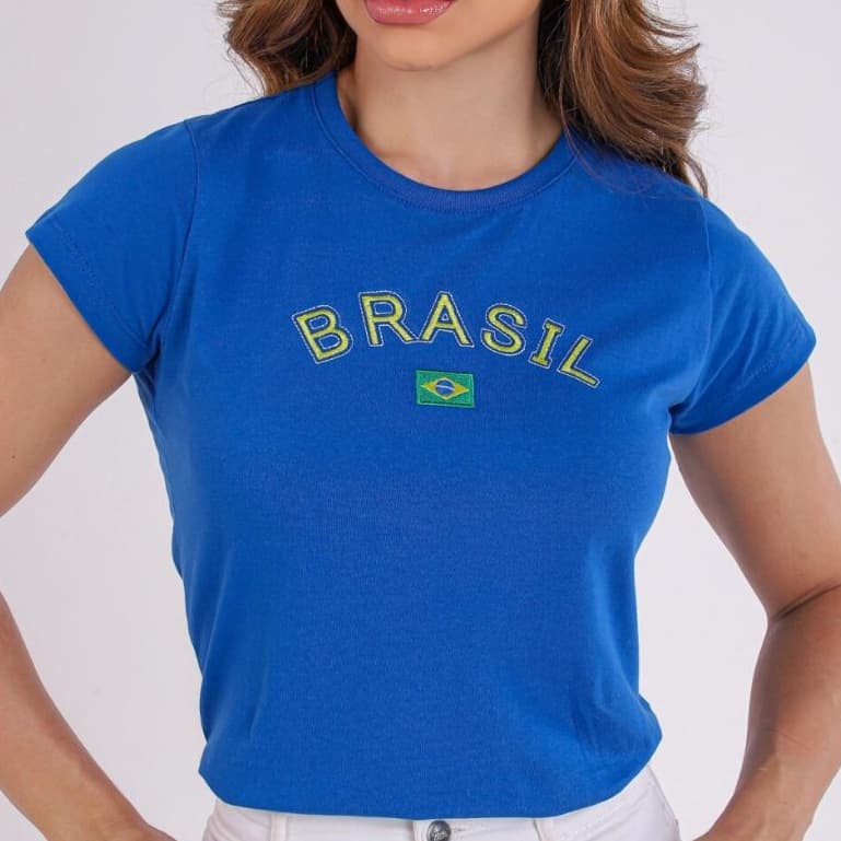 Blusa do Brasil Feminina BabyLook Copa do Mundo Camiseta Bordada T-shirt 100% Algodão