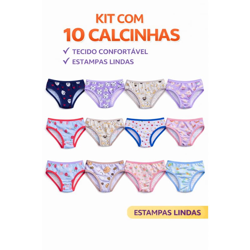 Kit 10 Calcinhas Infantil com Forro 100% Algodão para Mais Conforto