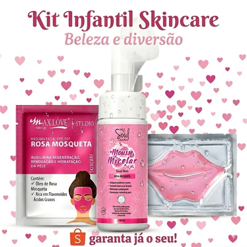 Kit Skincare Infantil Mousse Micelar + Esponja Polvo + Máscara Facial Limpeza Suave Crianças