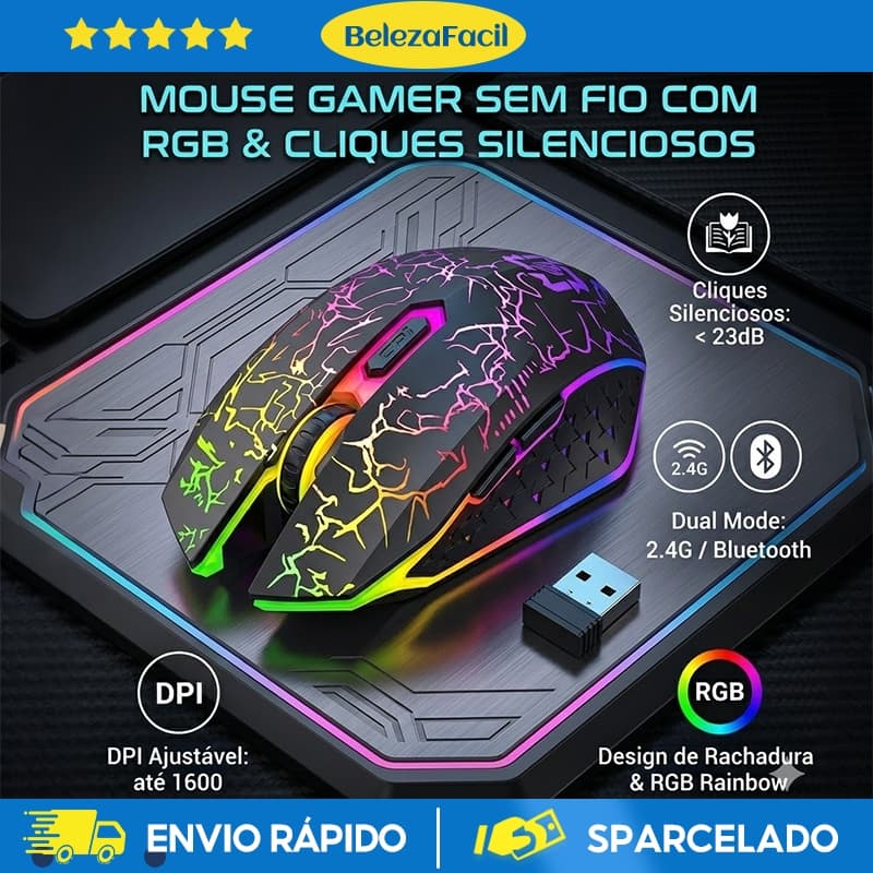 Mouse sem fio para notebook dual band receptor nano 2,4ghz / Bluetooth RGB recarregável mouse gamer sem fio