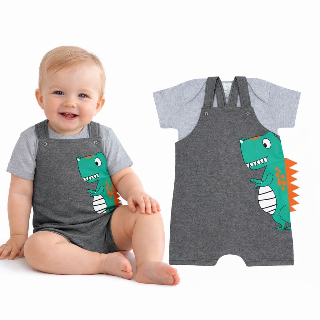 Conjunto Jardineira Body Menino Manga Curta Verão Dino Cinza Elegante