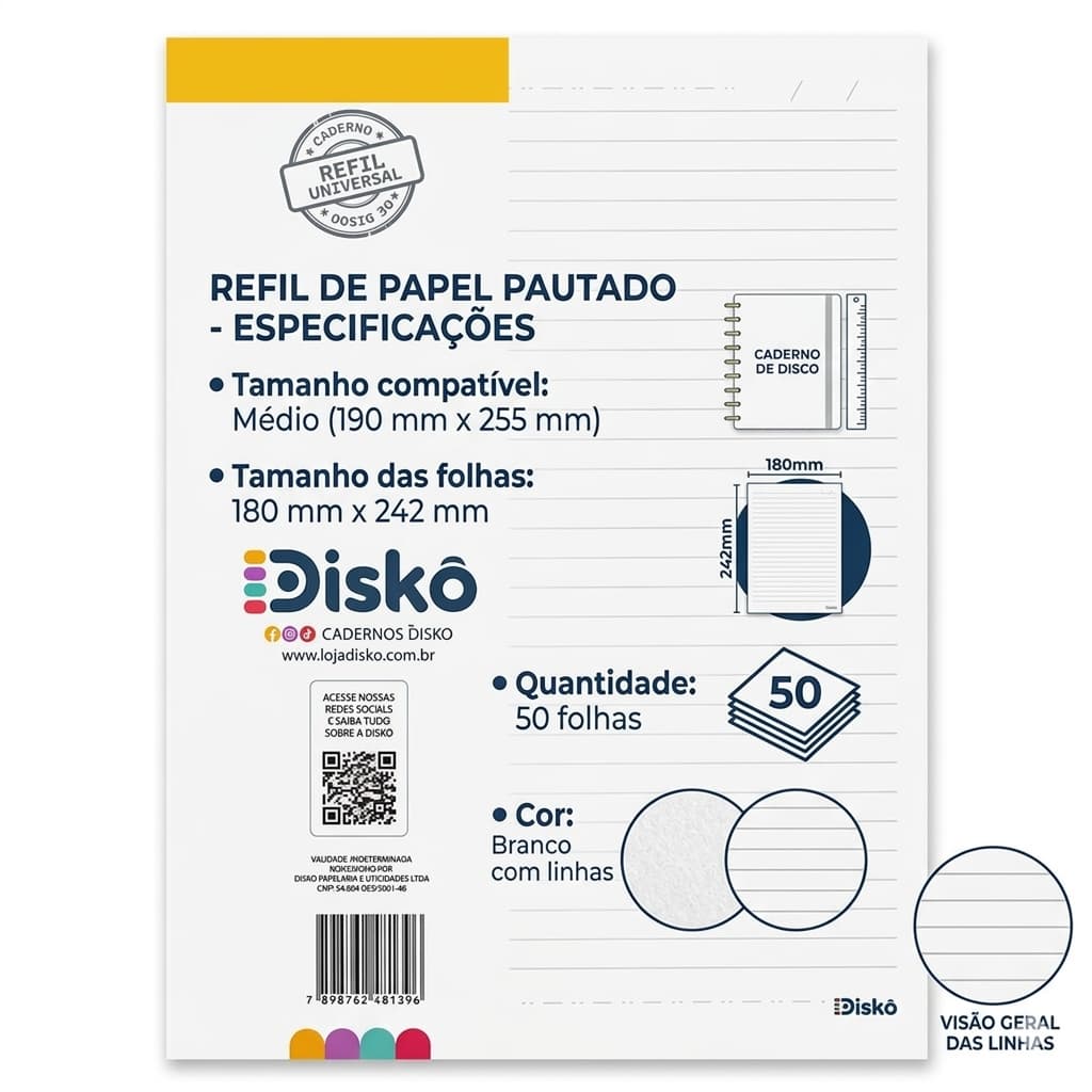 Refil Disko 50 Folhas Pautadas Médio ou Grande Caderno Inteligente/Disco