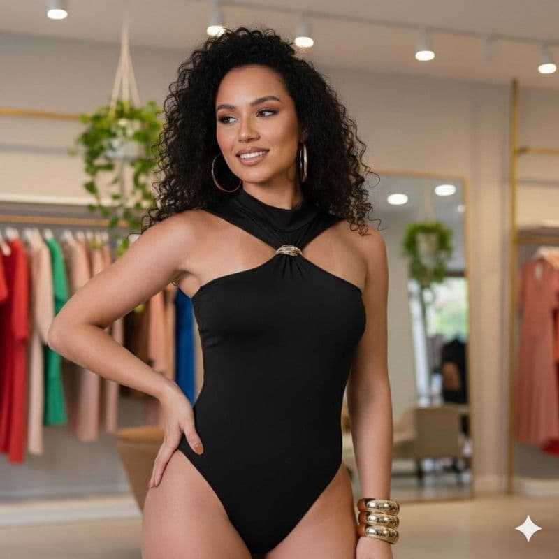 Body feminino com modelagem ajustada ao corpo, Possui decote com recorte frontal e argola central.💖