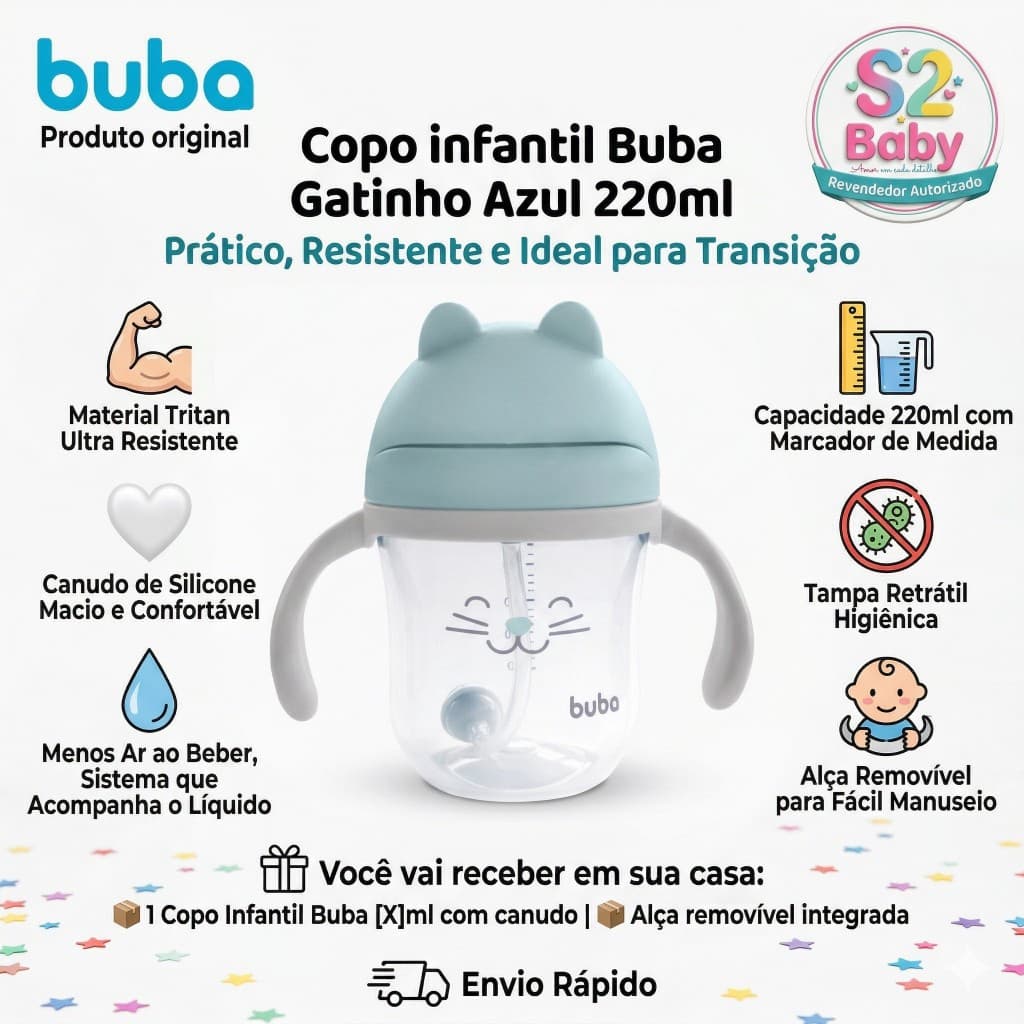 Copo Transição Treinamento Infantil Buba Gatinho Azul 220ml Canudo Silicone e Dispositivo Anti-ar