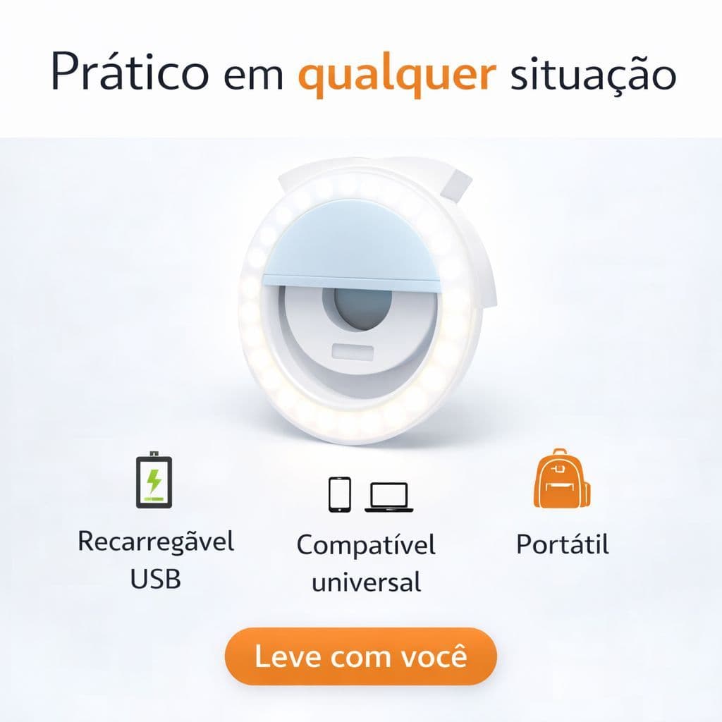 Ring Light Clip Celular LED Recarregável USB 3 Níveis Luz Selfie  Universal  Portátil Luz Fraca-Alta