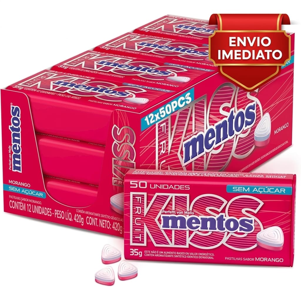 Bala Pastilha Caixa Mentos Kiss Morango Fechada 12 Unidades - Sem Açúcar