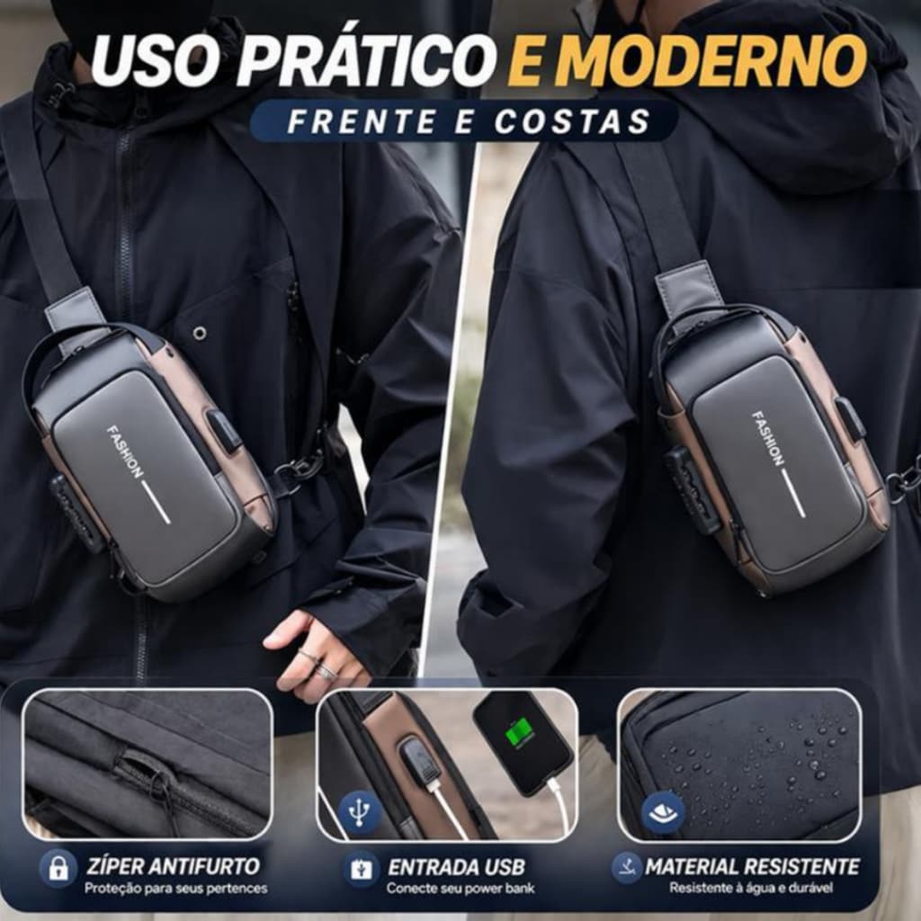 Bolsa Tiracolo Antifurto Cadeado Transversal Shoulder Bag Minimalista Impermeável Usb