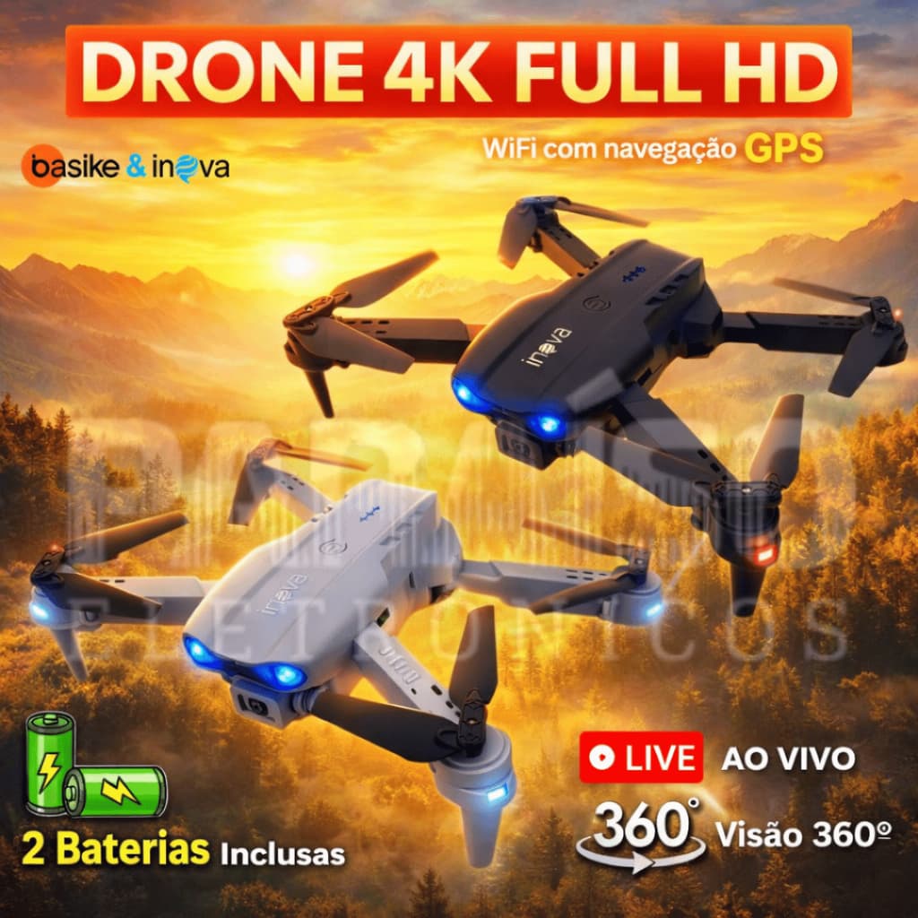 Drone com Câmera GPS 4K AIRCRAFT Inova FULL HD 2 BATERIAS Wi-Fi 2.4 Giroscópio Sensor de Obstáculos