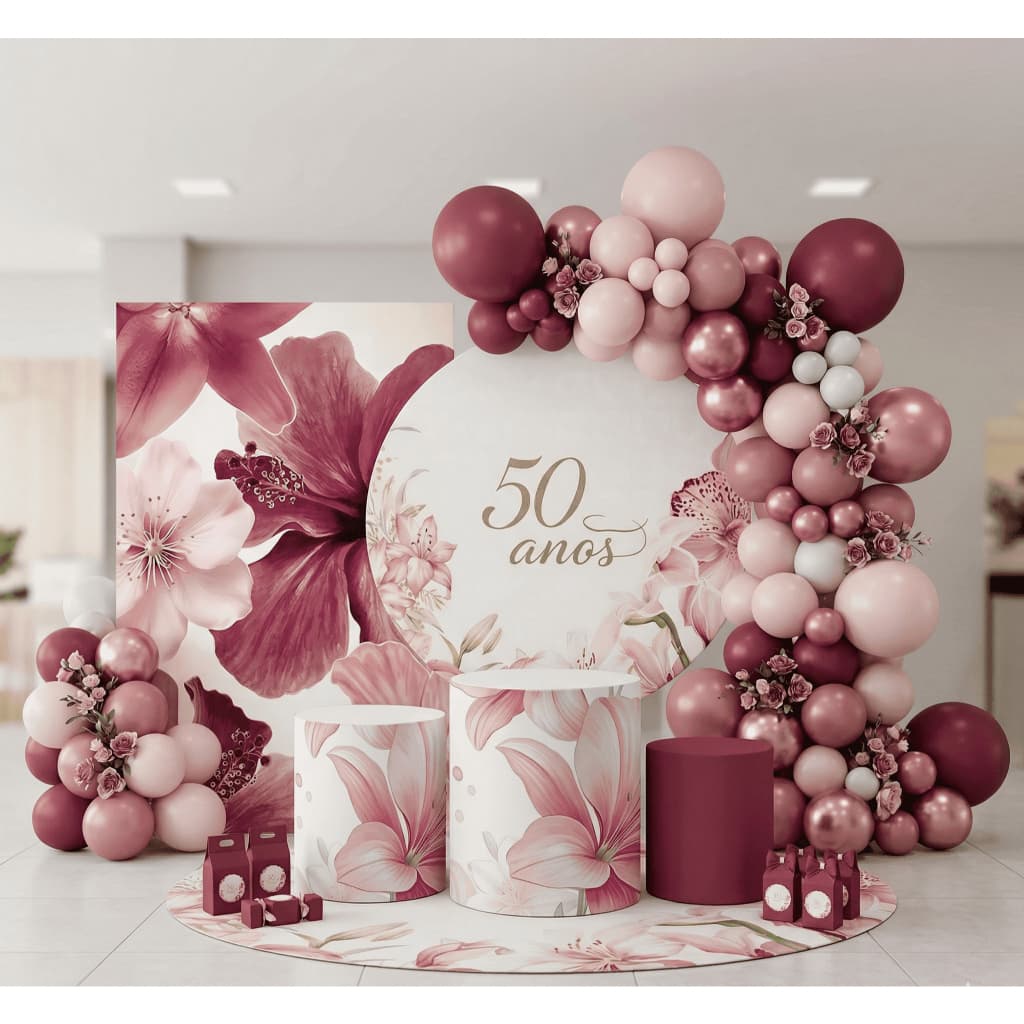 Capa Painel Redondo +  Trio Cilindros Festa Completa Decoração 50 Anos Premium Promoção Bibi Painéis