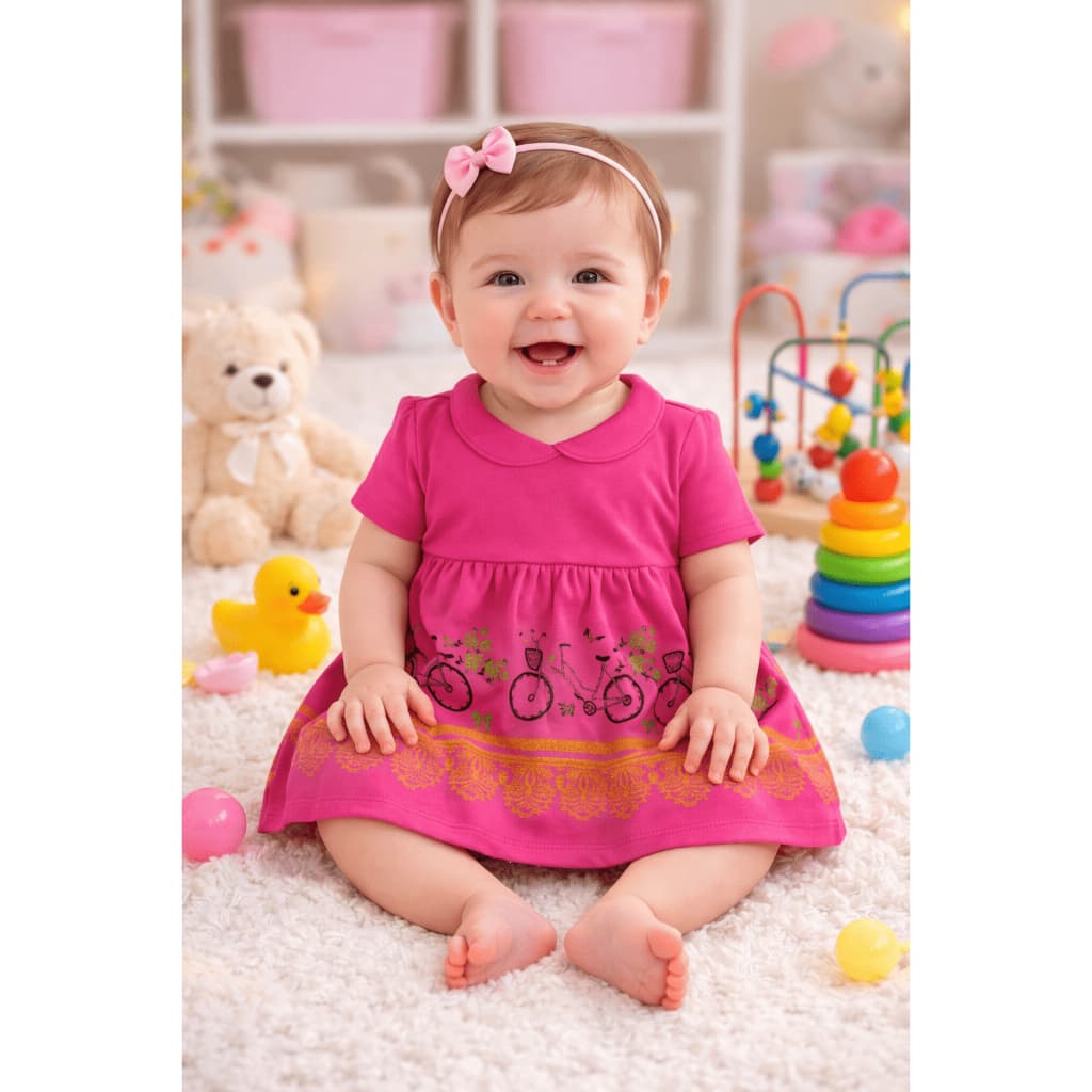 Vestido Bebê Menina Recém Nascida para Passeio Mêsversário Estiloso Bicicleta Com Laço