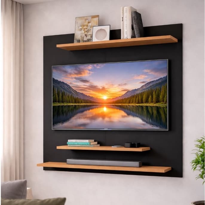 Painel Suspenso para TV com Prateleira – Ideal para Sala Moderna