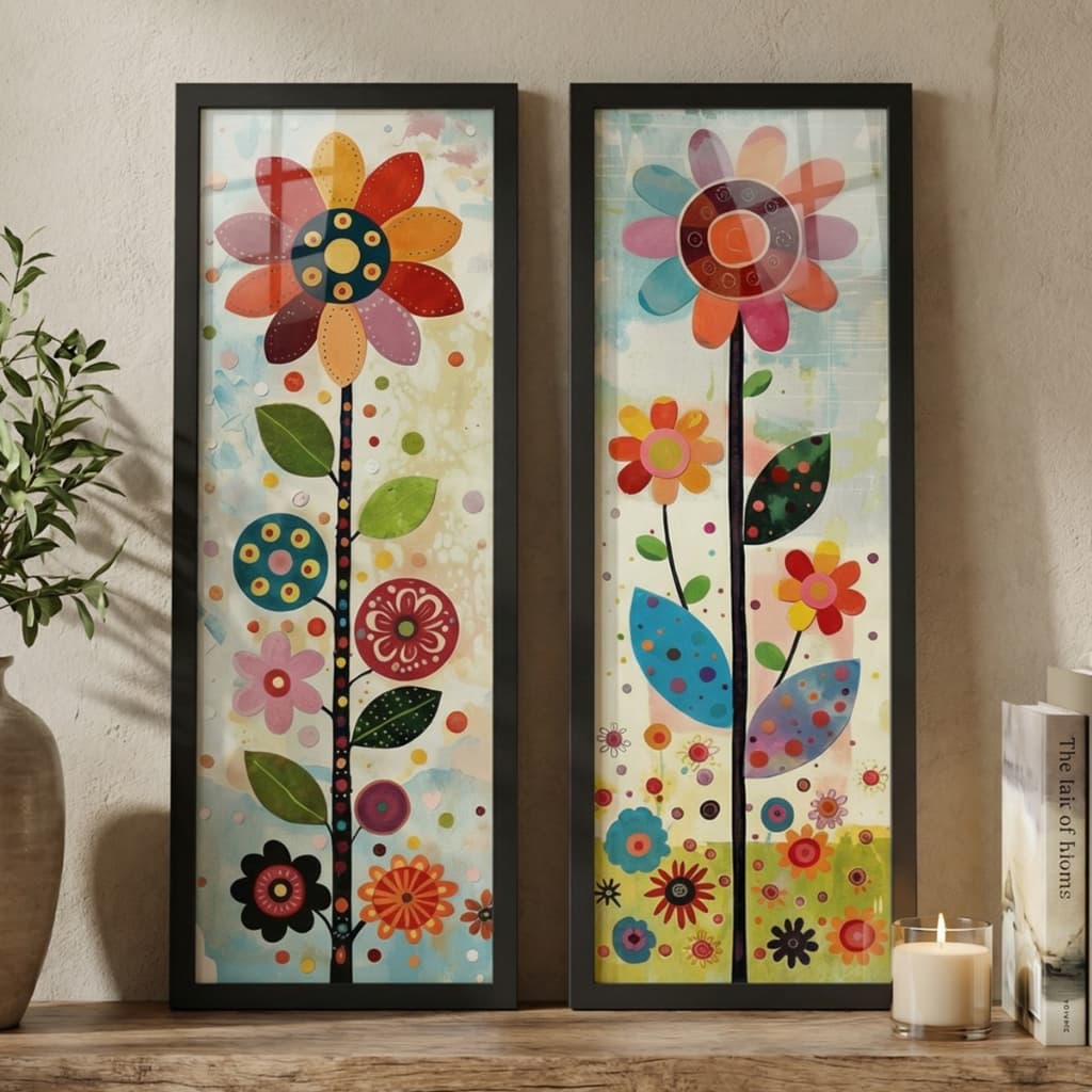 Kit 2 Quadros 18x45 cm Sala, Varanda, Vasos, Flores, moldura e Vidro