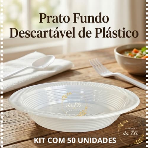 50 Prato Fundo Descartável Branco Refeição 21 cm