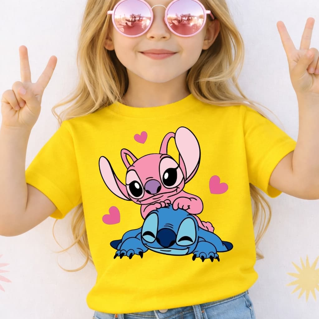 Camiseta Infantil Menina Stitch e Angel Love Blusa Premium Juvenil Rosa Desenho Animado Amor