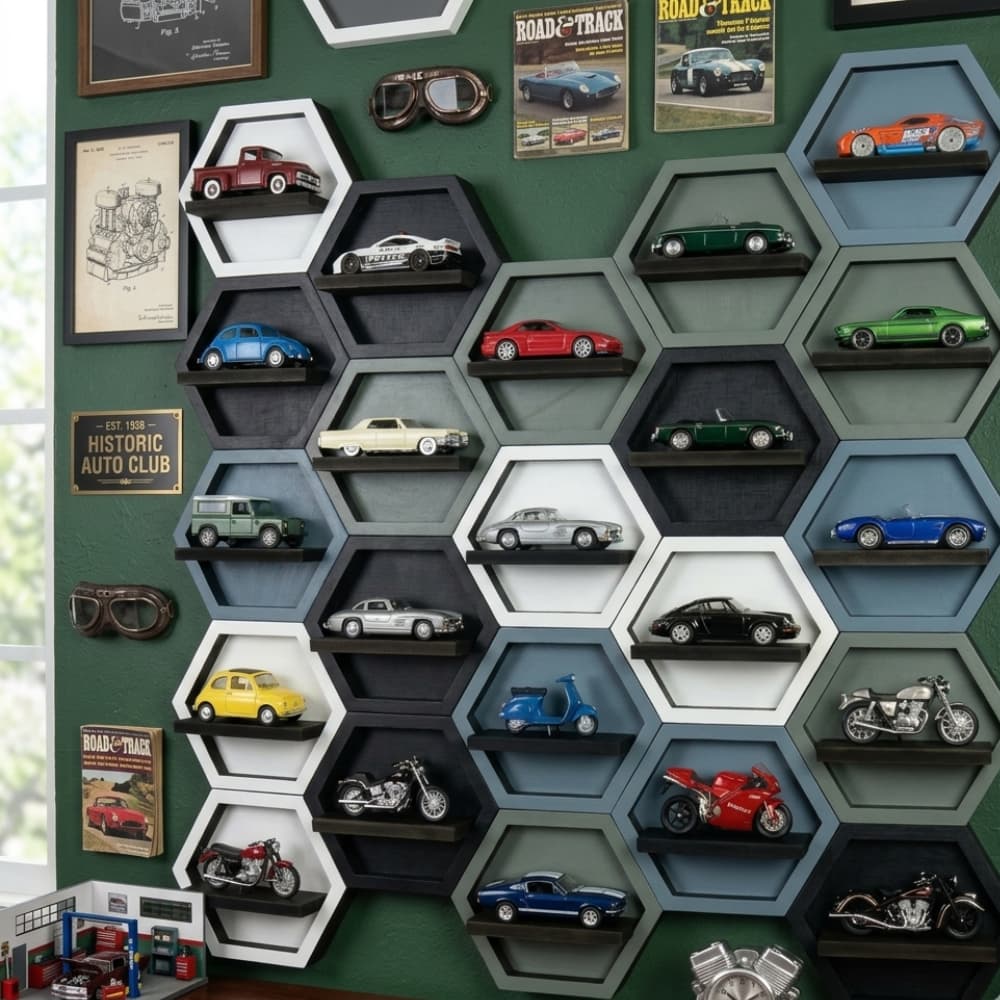 Porta Carrinhos Expositor Estante Display Compatível Hot Wheels Decoração Infantil Colméia Hexagonal