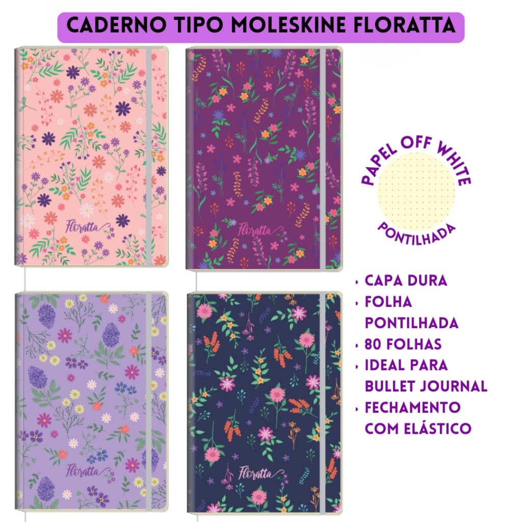 Caderno Tipo Moleskine 80 folhas Tam 14x20cm Folha Off White com Elastico - Floratta 3B Cadernos