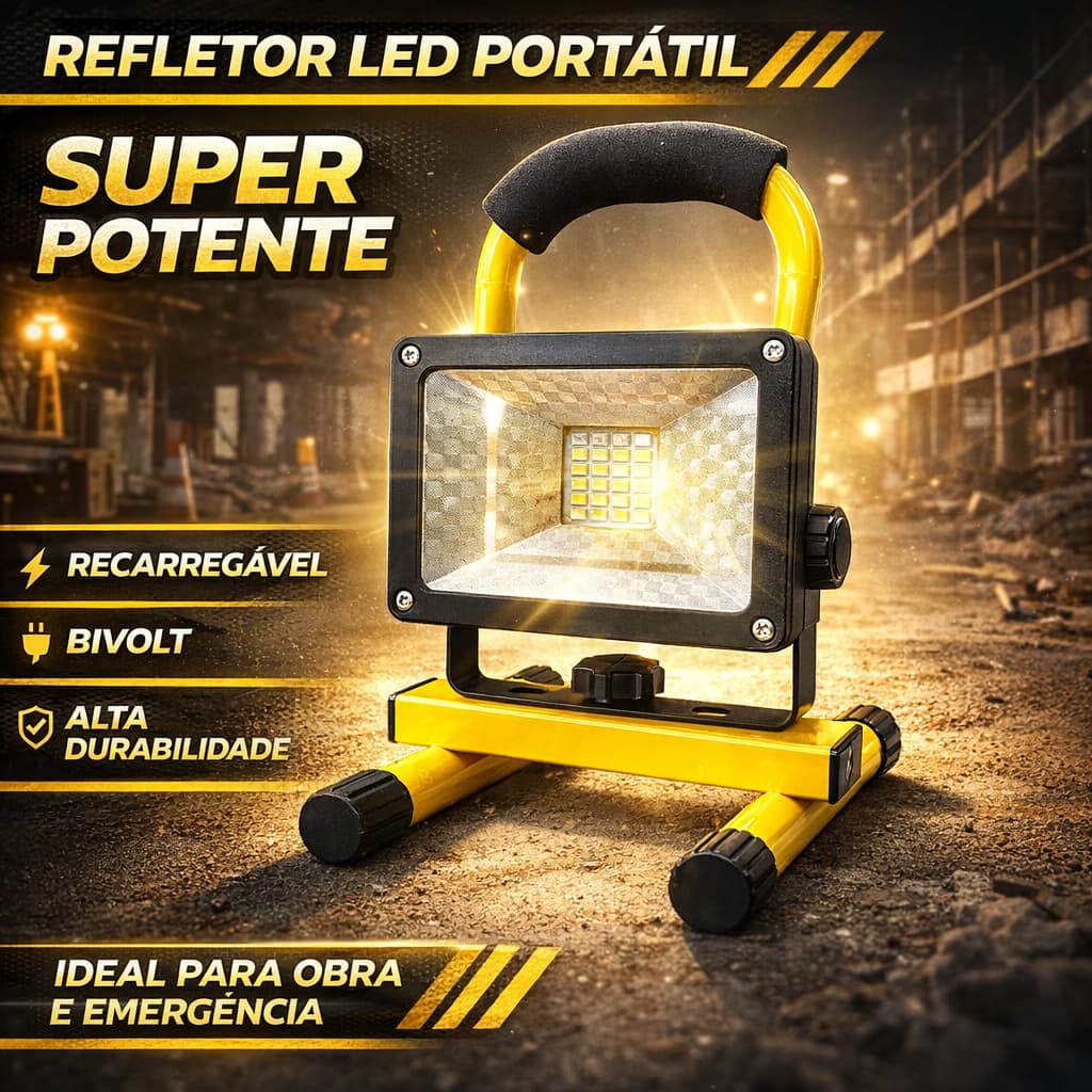 Refletor LED Portátil 100W Recarregável Bivolt Holofote Super Potente Resistente à Água 6000k