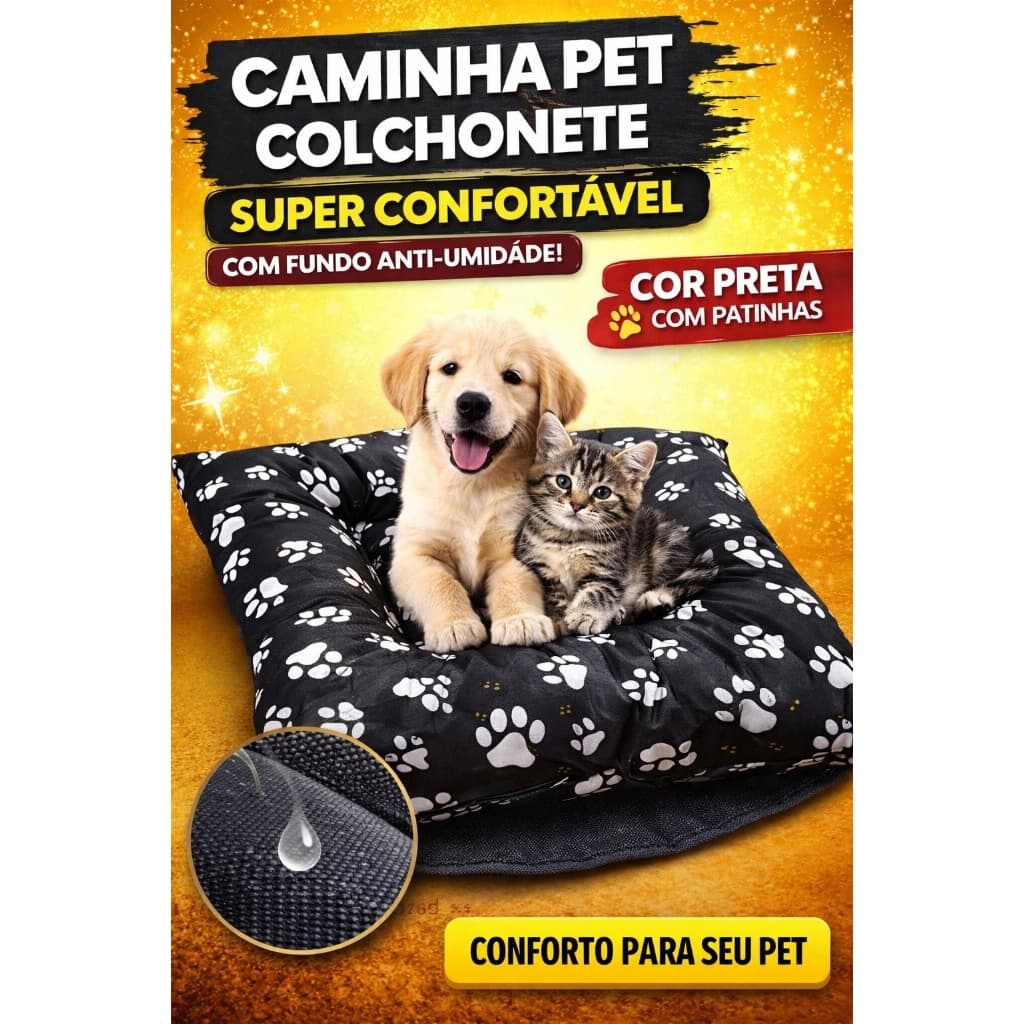 Caminha Pet Colchonete Impermeável Anti umidade 34X42 Preto Patinhas | Super Conforto Lavável