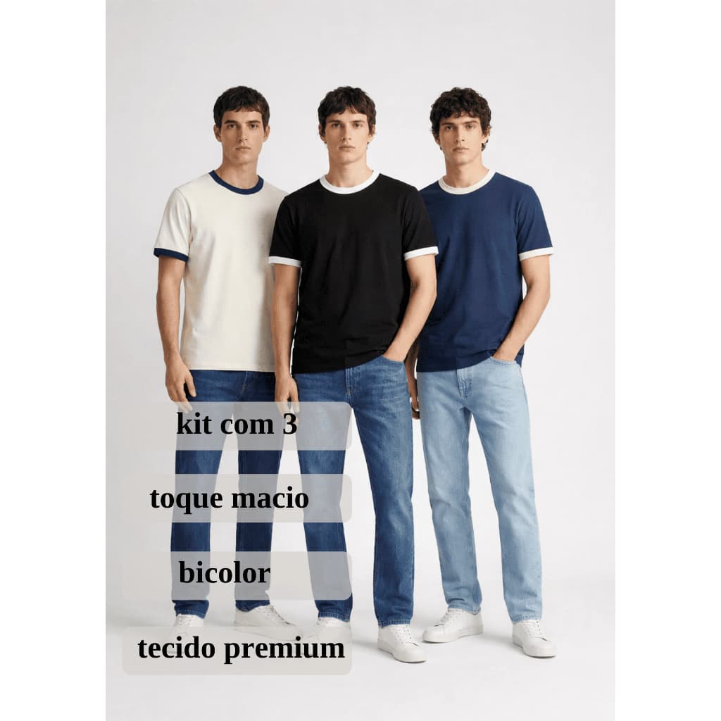 Kit 3 Camisetas Masculinas Premium Lisa Gola Contrastante Manga Diferente Confortável Bicolor
