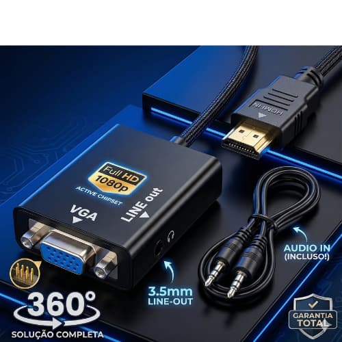 Cabo Adaptador Conversor HDMI Para VGA Com Saída Áudio P2 Full HD 1080p Monitor Projetor Notebook PC Xbox PS4